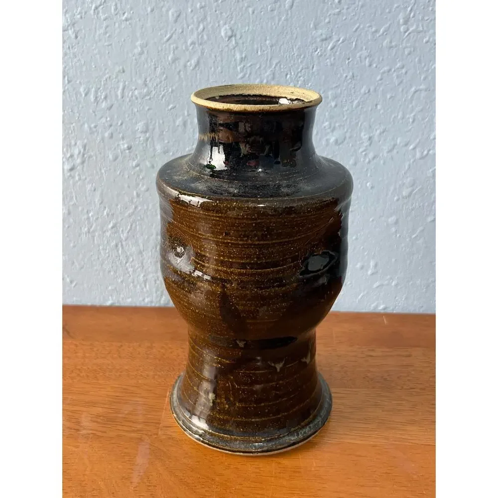 VTG Art Pottery Vase Hand Thrown Brown Glazed Stoneware Signed